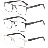 OKH 3er Pack Lesebrille Herren Blaulichtblockierende Federscharniere Lesebrille Metall Computer Anti Glare Lesebrillen Grau+Schwarz+Silber 1.5x