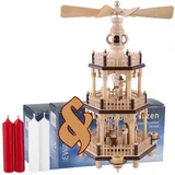 Erzgebirge-Palast Weihnachtspyramide Set 3-stöckige Krippenszene und zwei Packungen Kerzen rot/weiß von Erz