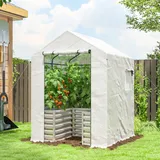 Outsunny Tomatengewächshaus Foliengewächshaus mit Hochbeet Rolltor Fenster Schrägdach 141 x 141 x 190 cm Stabil Treibhaus mit PE-Folie Tomatenhaus Gewächshaus für Garten, Balkon, Terrasse Weiß
