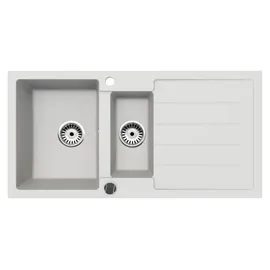 faizee home Granitspüle 2 Becken rechts Einbauspüle weiß Handbetätigung 1000 x 500 mm