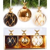 BRUBAKER 3er Set Weihnachtskugeln aus Glas - Gold Set mit Hirschkopf Figuren aus Porzellan - Premium Baumkugeln mit Blatt Design - Handbemalte Weihnachtsdekoration - 8 cm Christbaumkugeln