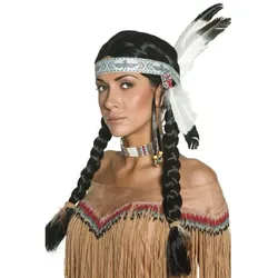 Indianer Perücke Flechtzopf Mit Federschmuck - OS