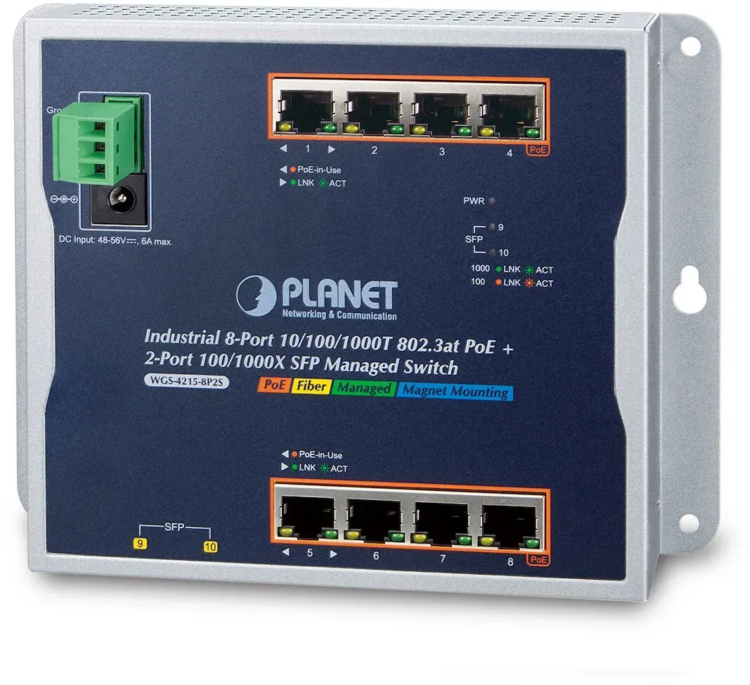 PLANET Industrial 8-Port Gigabit PoE Wall-mount Switch & 2-Port SFP Uplink, managed -40/+75C degrees