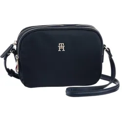 Umhängetasche TOMMY HILFIGER, Damen, blau (dunkelblau), Polyurethan, Baumwolle, unifarben, Taschen, mit TH-Emblem vorne
