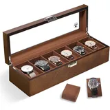 Slege Uhrenbox aus Holz mit 6 Fächern,Uhrenbox für Herren,komplett mit Samt Ausgekleidet,Uhrenhalter Glasplatte & Uhrenkissen,Uhrengehäuse-Organizer als Geschenk für Herren und Damen(Braun) Watch Box