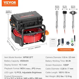 Vevor Kanalkamera, 50 m, selbstnivellierende Rohrkamera mit 10,1-Zoll-Touchscreen, 512-Hz-Sender & Entfernungszähler, IP67-Rohrinspektionskamera