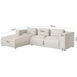 s-style möbel - Modernes Ecksofa Bello aus Beige Cord mit Ottomane links und weichem Sitz, B/T/H: 262 cm / 176 cm / 64 cm - Beige