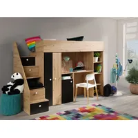 Kinderbett, Hochbett  SM 14, mit Schreibtisch, Kleiderschrank und Regale.Treppe beidseitig montierbar.  Farbe Artisan/Schwarz