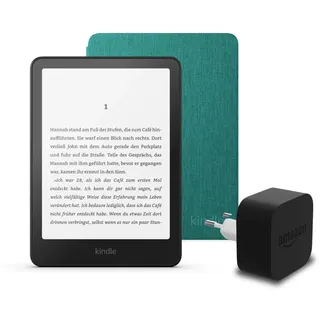Den neuesten Kindle Paperwhite (Version 2024) mit 16 GB ohne Werbung, eine Amazon-Stoffhülle und ein Amazon Powerfast 9-W-Netzteil.