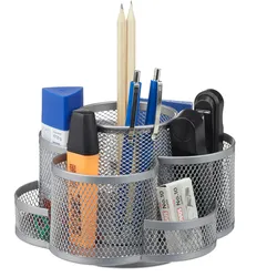 Relaxdays Stiftehalter, Metallgeflecht, 7 Fächer, drehbar, rund, kompakt, für Büro, Stiftebox f. Pinsel, Schere, silber