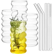 luxuskollektion Gerippte Trinkgläser Set of 4 with Glass Straws 475ml Bubble Wave
