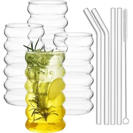 luxuskollektion Gerippte Trinkgläser Set of 4 with Glass Straws 475ml Bubble Wave