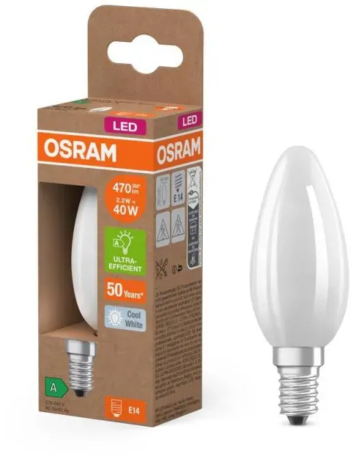 Osram E14 LED Kerzenlampe CLASSIC besonders effizient Frosted 2,2W wie 40W 4000K neutralweißem Licht - Sehr gute Energieeffizienz