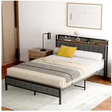 OKWISH Metallbett mit Lagerregal (Eisenbett, Funktionsbett mit Lattenrost, 2-tlg., 27 cm Bodenfreiheit für extra Aufbewahrung, 140*200cm, mit Matratze), mit schwarzem Metallrahmen, integrierten USB-Anschlüssen schwarz