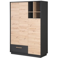 roba Kleiderschrank 'Lenn' 3-türig - in Anthrazit/Holzdekor 'Artisan Eiche' - Griffen aus massiver Eiche - HxBxT:195 x 132 x 54 cm