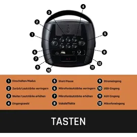 Lenco BTC-060BK - Karaoke-Set mit Bluetooth®, wiederaufladbarem Akku, drahtlosem Karaoke-Mikrofon und Disco-LED-Beleuchtung