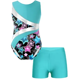 TiaoBug Mädchen Gymnastikanzug Ärmellos Trikot Turnanzug Turnbody mit Glitzer Kinder Dancewear buntes Leotard Body für Gymnastik Sport Ballett Tanzen Blau Grün P 122-128