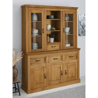 Buffet HOME AFFAIRE "Selma", beige (natur gebeizt, gewachst), B:145cm H:192cm T:38cm, Massivholz, MDF, Glas, Schränke, aus massivem Kiefernholz, mit Griffen aus antikisiertem Metall, Topseller