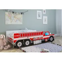 Kids Collective Autobett 70x140 cm Spielbett Kinderbett mit Rausfallschutz und Lattenrost 140x70 cm Feuerwehr Auto Bett Kinder Wagen | Rot