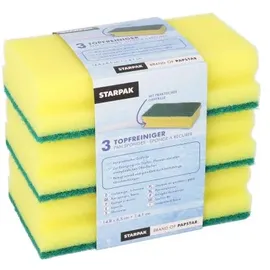 Papstar 42 Topfreiniger, Schwamm Jumbo eckig 4,1 cm x 14,8 cm x 8,5 cm gelb/grün mit Griffrille, kratzend