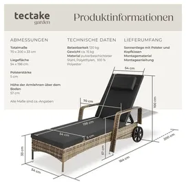Tectake Rattan Sonnenliege 200 x 70 x 33 cm Grau