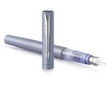 Parker Vector XL Füller | Silberblaue Metallic-Lackierung auf Messing | Füllfederhalter mit mittlerer Feder und blauer Nachfülltinte | Geschenkbox