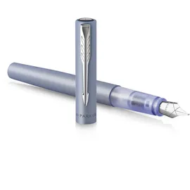 Parker Vector XL Füller | Silberblaue Metallic-Lackierung auf Messing | Füllfederhalter mit mittlerer Feder und blauer Nachfülltinte | Geschenkbox