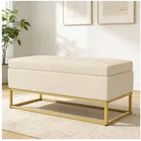 BlingBin Polsterbank Sitzbank mit Stauraum, Bettbank (Schlafzimmerbank Schminkbank, 1-St., 110 x 47 x 46,5 cm), Dekorative Knopfheftung, Flanelloptik, goldfarbene Stahlbeine beige