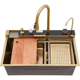 Küchenspüle Set - Spülbecken mit Armatur - Einzelbecken - 75×46×22 cm - Edelstahl - Digitale Temperaturanzeige - Wasserfall-Armatur, ausziehba...