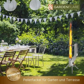 gardenflare Feuerrohr Premium – Große Edelstahl Pelletfackel – Eleganter Terrassenheizer - Terrasse und Garten (Silber)