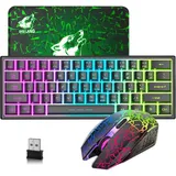 2.4GHz Tastatur Maus Gaming Set Kabellos Beleuchtet, 61 Tasten Regenbogen 3800mAh Wederaufladbare Mechanische Feel Tastatur, 2400 DPI Regenbogenlich - Schwarz