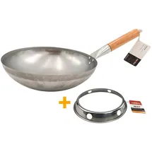 Grillfürst Wok Pfanne aus Edelstahl Ø 30 cm mit Holzgriff - Edelstahlpfanne mit rundem Pfannenboden - ideal für Seitenkocher eines Grills oder Gasherd, inkl. Wok-Ring