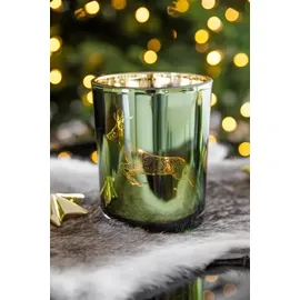 Edzard SALE Teelichtglas Sammy (Höhe 13 cm), grün & goldfarben, Hirsch-Motiv