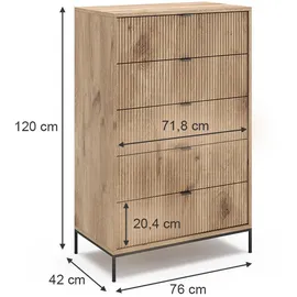 Vicco Kommode Eliza Viking Oak 76 x 120 cm mit 5 Schubladen