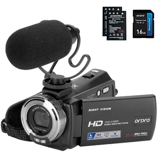 ORDRO V12 Videokamera Camcorder Full HD 1080P 30FPS Infrarot Nachtsichtkamera 3.0 Zoll LCD Bildschirm 16X Zoom Camcorder mit 16GB Memory Karte Fernbedienung, Mikrofon und 2 Akkus