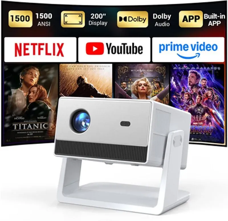 【Fußball-Weltmeisterschaft | TV-Ersatz】FunFlix Smart-Beamer mit WLAN und Bluetooth, offiziell lizenziertes Netflix, Dolby Audio, integrierte Apps, native 1080p, Autofokus, Outdoor-Beamer für Heimkino, Innenbereich
