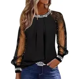 Festliche Blusen Damen Schwarz Elegant Sexy Silvester Outfit Pailletten Oberteil Modern Casual mit Glitzer Glitzer Shirt Glitzer Oberteile Herbst Winter Große Größen Langarm Tunika Festliche Blusen - XXL