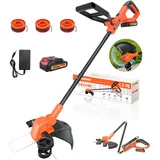 Traumheim 20V Rasentrimmer mit Akku, 30CM 2-IN-1 Rasenkantenschneider, Automatik Fadennachführung Akku Rasentrimmer mit 3 Fadenspulen/1*2,0Ah Akkus/Ladegerät, 90° Drehbarem Trimmerkopf, für Hof/Garten