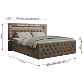 MKS Meble Boxspringbett 160x200 mit Led, Polsterbett 160x200 mit LED Kopfteil - Multipocket-Matratze H3 - Doppelbett mit Bettkasten Stauraumbet - GOLD-9 - 16... - Braun