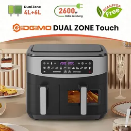 circlio Doppelter Heißluftfritteuse mit Sichtfenster, 10L(4Lx6L) 2600W Kapazität Doppel Airfryer, 12-in-1 Programme, Air Fryer mit Touchscreen, Gesunde Öl- und Fettarme Zubereitung-Cooki G10 Pro