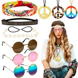 LOHAME Hippie Kostüm Set 9 Stück 60er 70er Jahre Retro Zubehör mit Friedenszeichen Halskette Boho Gänseblümchen Stirnband Hippie Vintage Brille für Mottoparty Strand Reisen Fotografie