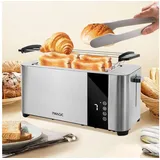 NULSTA Toaster Toaster 4 Scheiben, Edelstahl Toaster, Automatik Langschlitztoaster, 2 Langschlitz, für 4 Scheiben, 1400 W, mit integriertem Brötchenaufsatz, Touchscreen LED Display & 7 Stufen