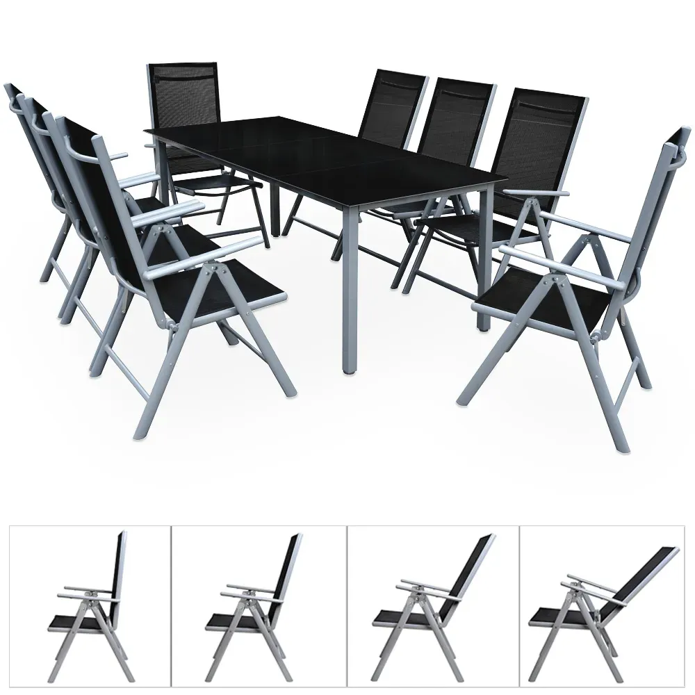 Gartensitzgruppe Bern 9-tlg 8 Personen Silber Alu Schwarz Glas