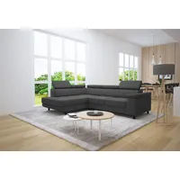 thematys Ecksofa LUNA L mit Schlaffunktion & Bettkasten – aus Velours oder Cord Stoff, mit 5 verstellbaren Kopfstützen, – L-Form 250×183 cm – Schlafsofa mit Auszug grau