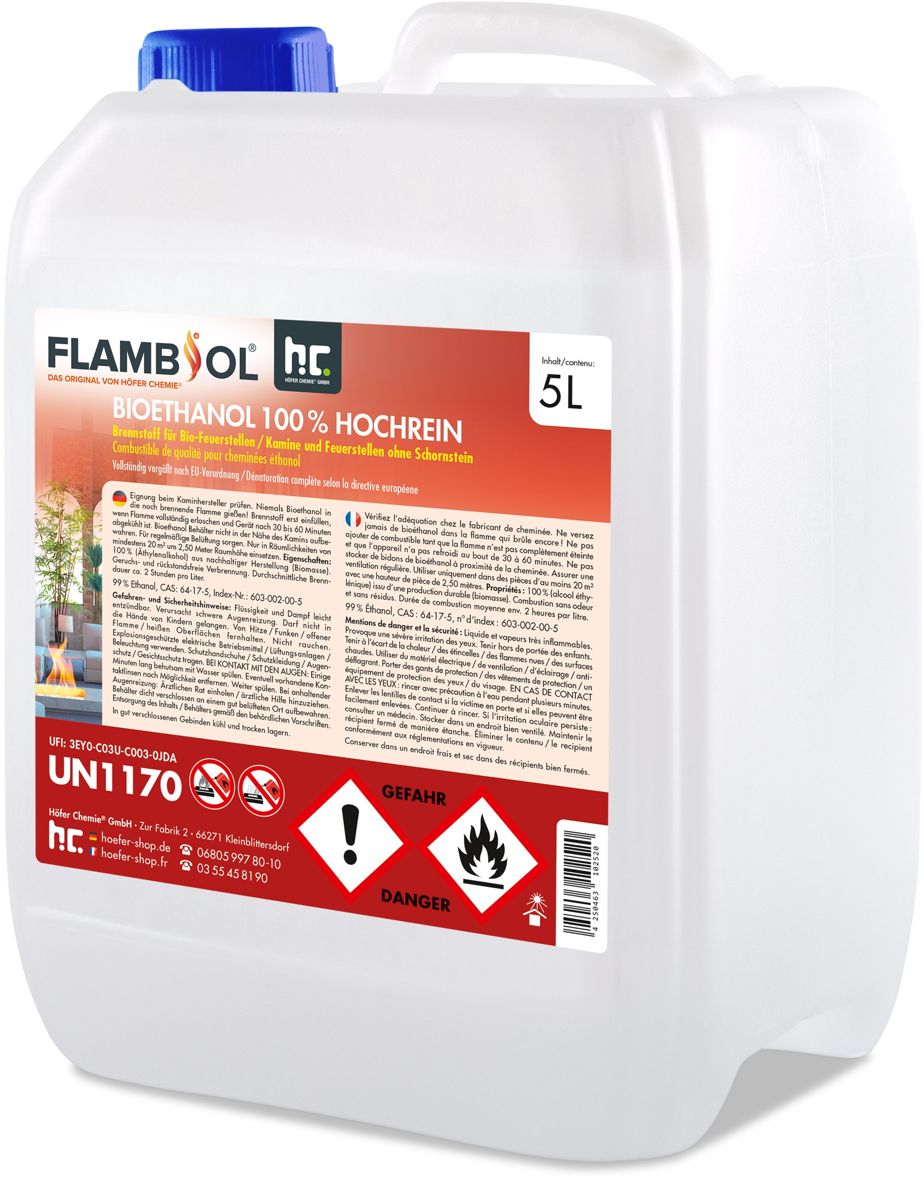 8 x 5 Liter FLAMBIOL® Bioethanol Hochrein 100 % rauch- und rußfrei in Kanistern (40 Liter)