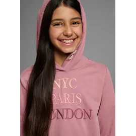 Kidsworld Kapuzensweatshirt KIDSWORLD "NYC Paris London - Stickerei", Mädchen, Gr. 176/182, rosa (altrosa), Sweatware, Obermaterial: 100% Baumwolle, bestickt, gerade taillenbedeckt, Bündchen, Sweatshirts, Langarm, gerade Passform, bedruckt, Kapuze, aus Baumwolle