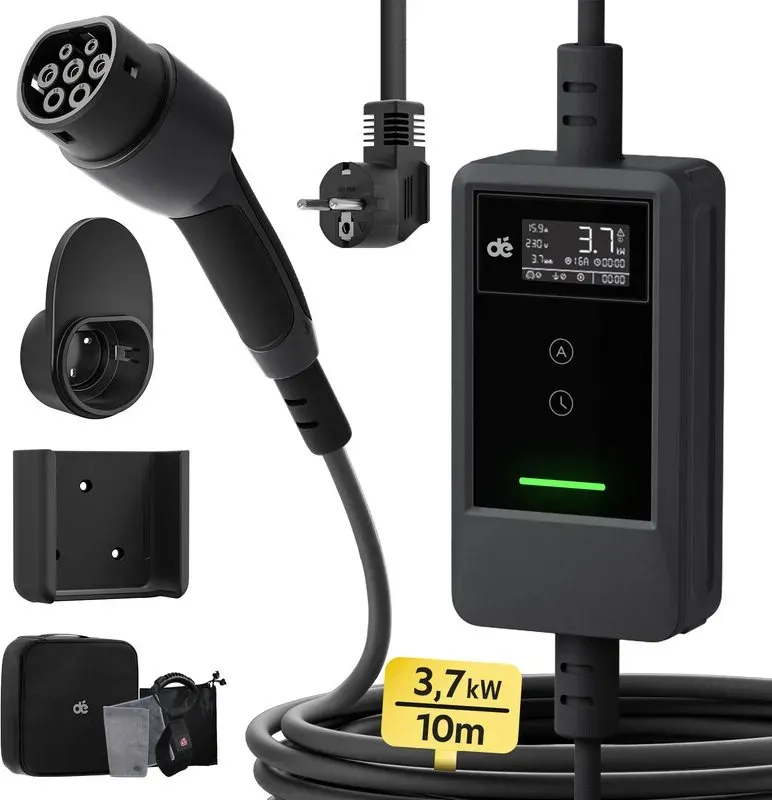 dé Type 2 Charging Cable Schuko with APP 3.7kW 10m 6-16A 1-Phase Digital LCD EV Charger for Electric Vehicle