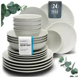 PURE LIVING INTERIOR DESIGN Steingut Geschirrset 6 Personen Hygge 24 tlg. TESTSIEGER, Traumhaftes Skandinavisches Steingut Geschirr Set, Schüssel- und Teller Set, Tafelservice 6 Personen, Geschirrsets Pure Living in Beige