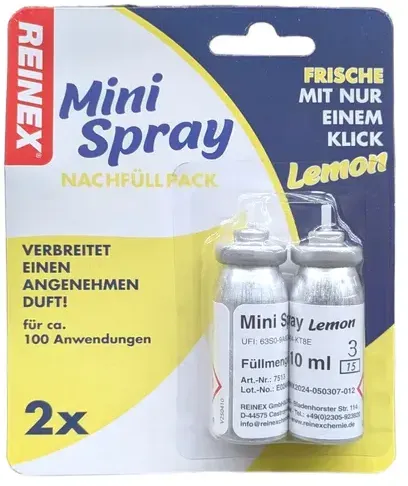 Raumspray Reinex Mini Spray Nachfüller Lemon 2 x 10 ml sorgt schnell für wirkungsvoll angenehme Gerüche