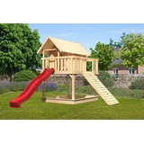 Karibu Stelzenhaus Fidel Set Natur Wellenrutsche 3 m Rot Holzrampe